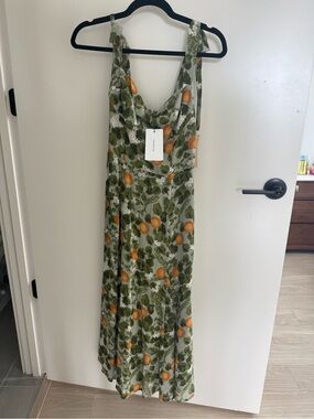 Green Orange-Print Cowl Midi Dress with Tie Straps